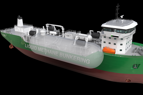 The LMBV design's mono-tank design reduces the amount of cargo-handling equipment required on deck. (credit: Kongsberg AS)